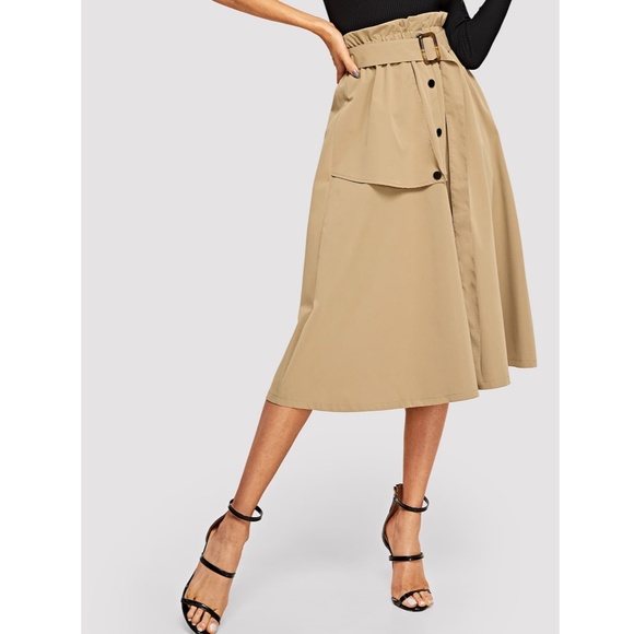 Trench Style Khaki Paper Bag Belted Midi Skirt - Picture 2 of 8